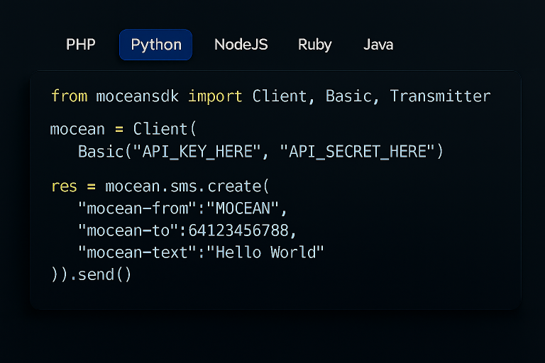 Python code example using Mocean’s SMS Messaging API for sending instant messages