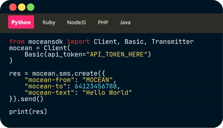Python code example using Mocean’s SMS Messaging API for sending instant messages